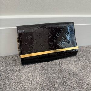 Louis Vuitton Dark Patent Leather Clutch with Gold Accent